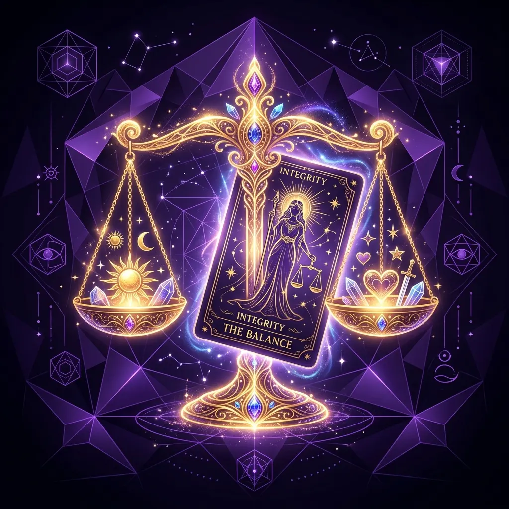 Ilustración esotérica profesional sobre: la ética profesional en el tarot moderno. Guía visual para tarotistas y videntes profesionales.