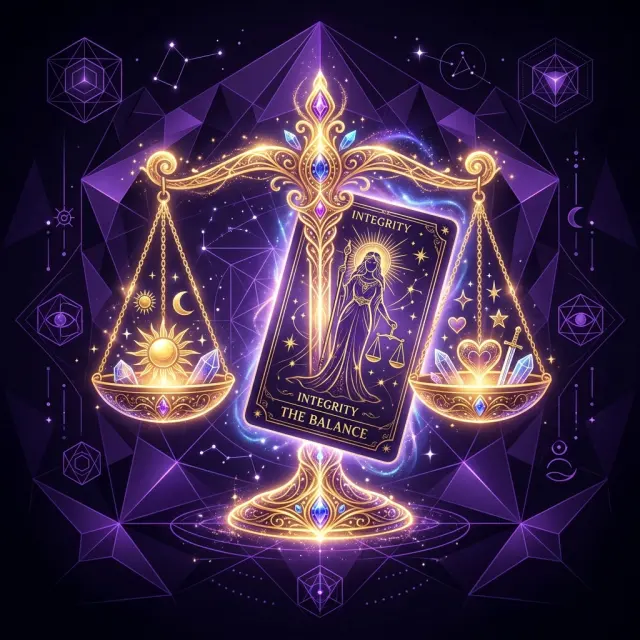 Ilustración esotérica profesional sobre: la ética profesional en el tarot moderno. Guía visual para tarotistas y videntes profesionales.