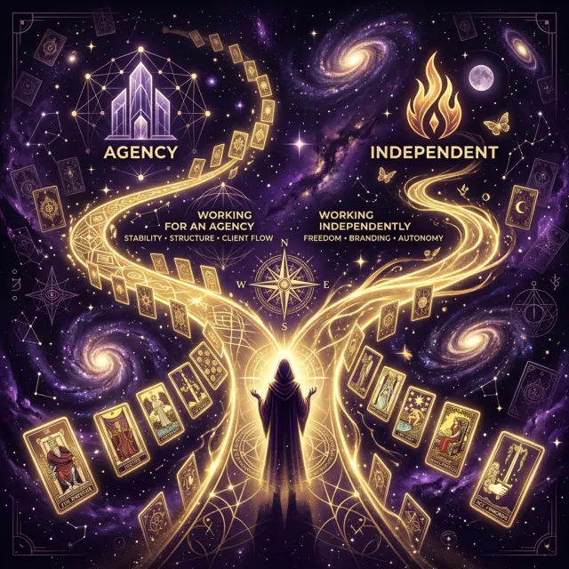 Ilustración esotérica profesional sobre: gabinete de tarot vs. autónomo: ¿cuál es la mejor opción para ti?. Guía visual para tarotistas y videntes profesionales.