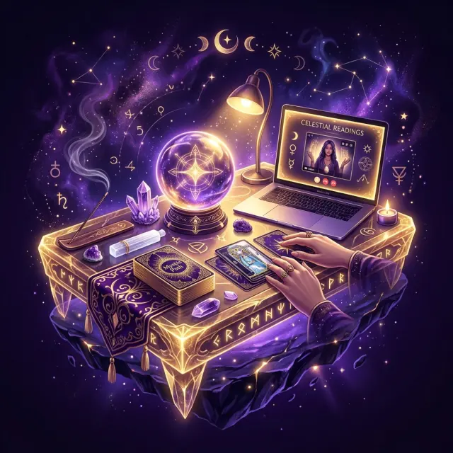 Ilustración esotérica profesional sobre: cómo preparar tu espacio de trabajo para lecturas telefónicas y online. Guía visual para tarotistas y videntes profesionales.