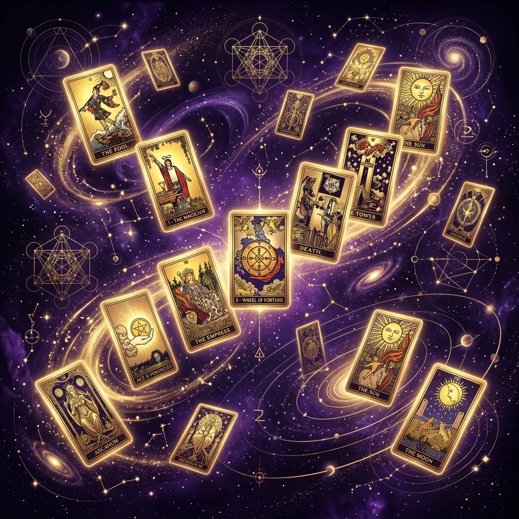 Ilustración esotérica profesional sobre: las barajas de tarot más demandadas en gabinetes profesionales. Guía visual para tarotistas y videntes profesionales.