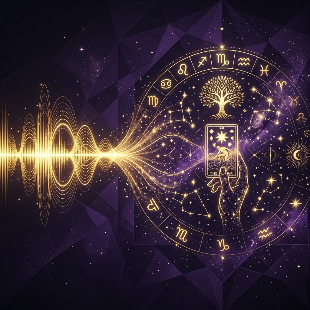 Ilustración esotérica profesional sobre: la importancia de la dicción y la voz en el tarot telefónico. Guía visual para tarotistas y videntes profesionales.