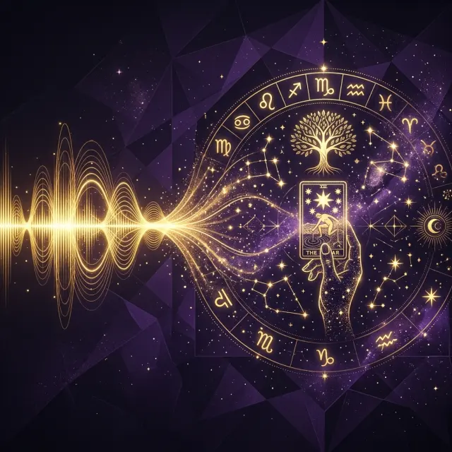 Ilustración esotérica profesional sobre: la importancia de la dicción y la voz en el tarot telefónico. Guía visual para tarotistas y videntes profesionales.