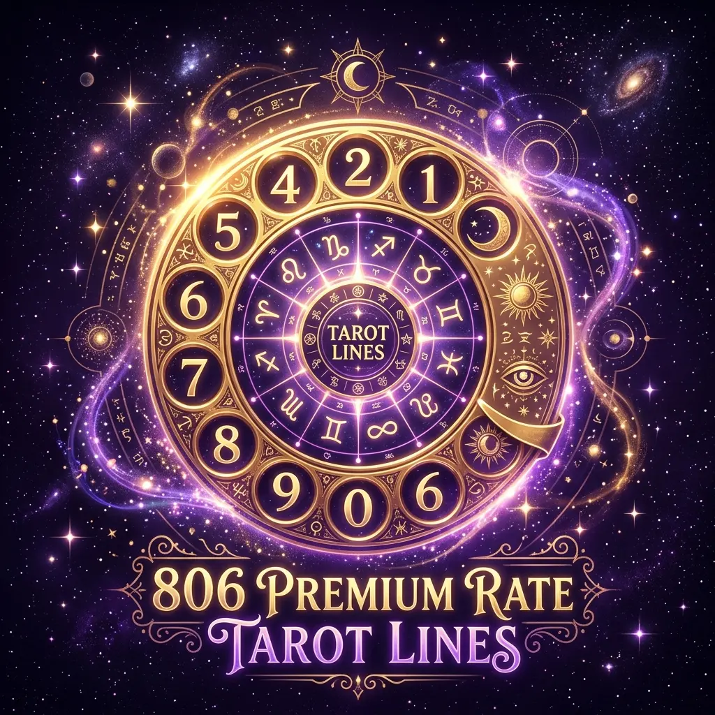 Ilustración esotérica profesional sobre: mitos y realidades de trabajar en líneas de tarot 806. Guía visual para tarotistas y videntes profesionales.