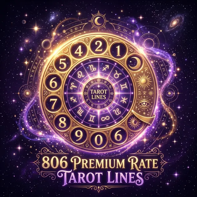Ilustración esotérica profesional sobre: mitos y realidades de trabajar en líneas de tarot 806. Guía visual para tarotistas y videntes profesionales.