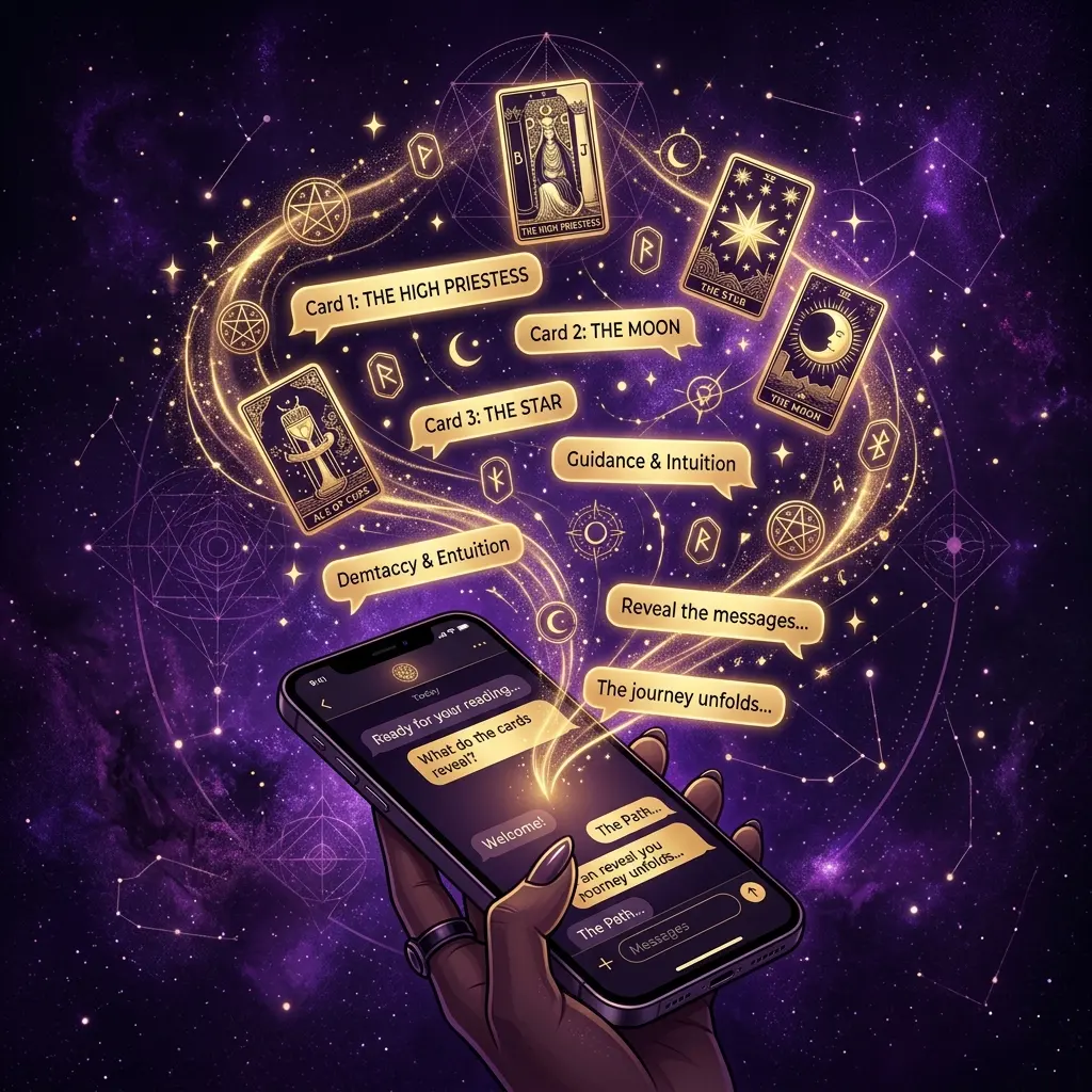 Ilustración esotérica profesional sobre: las combinaciones de cartas más complejas de explicar por chat. Guía visual para tarotistas y videntes profesionales.